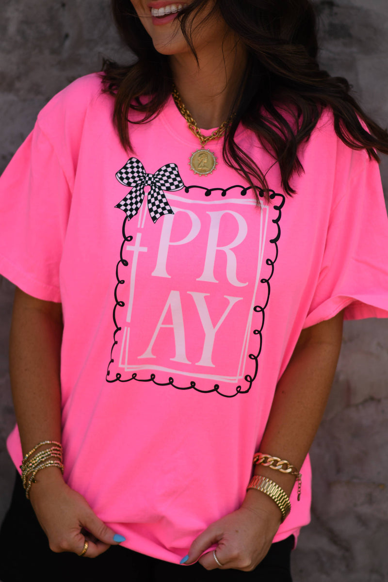 Pray Bow Tee: Neon Pink