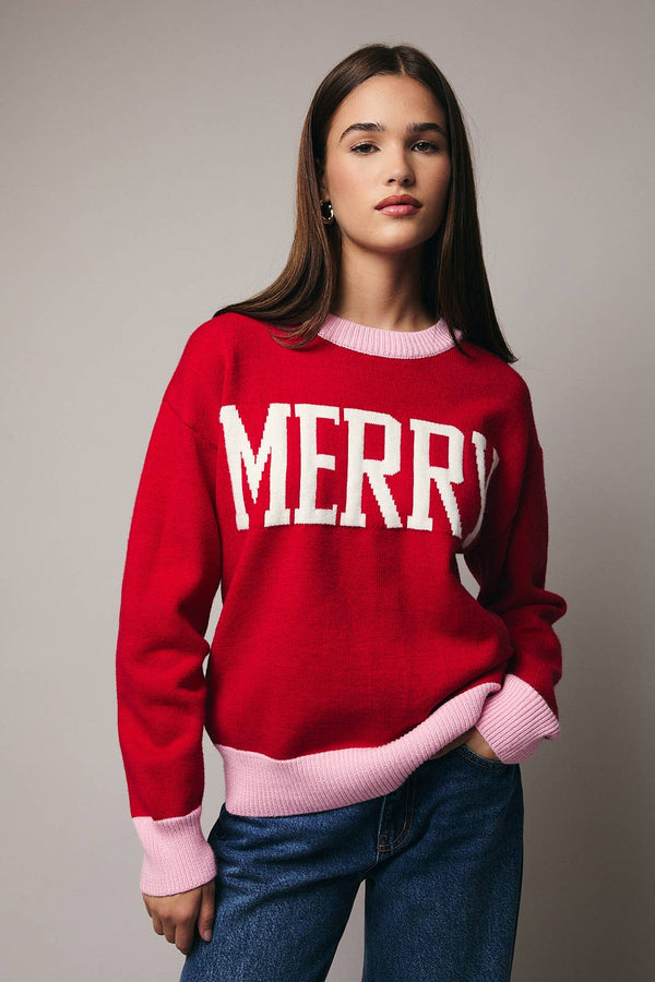 CREW NECK LONG SLEEVE "MERRY" SWEATER RED