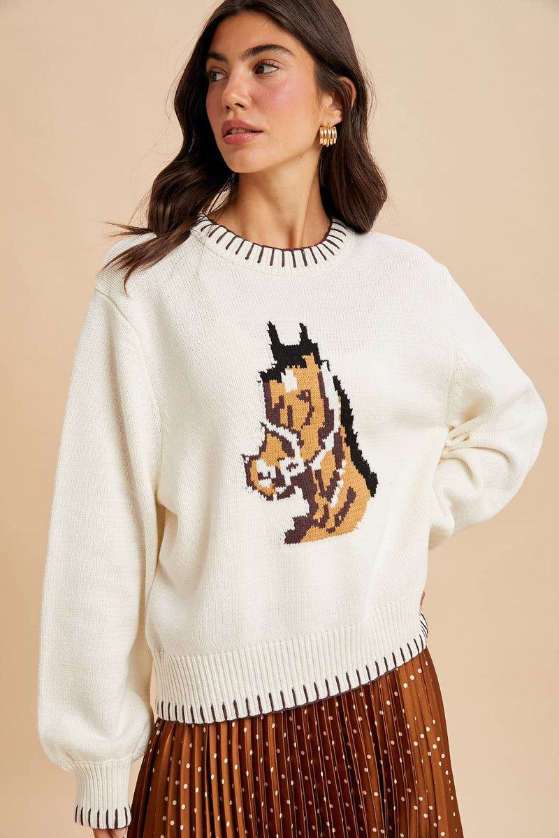HORSE MOTIF KNITTED SWEATER: NAVY