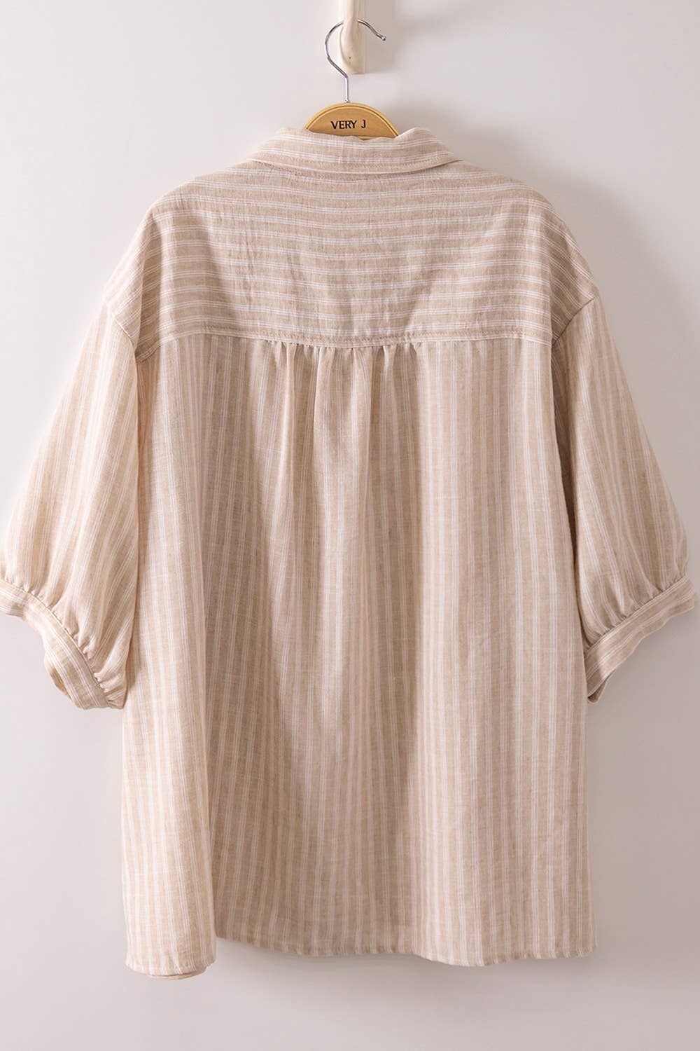 NT12505-Stripe Half Puff Sleeve Shirt Top: TAUPE / S-M-L/2-2-2