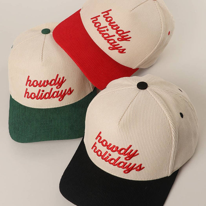 Howdy Holidays 3D Text Embroidery Corduroy Hat: RED / One Size