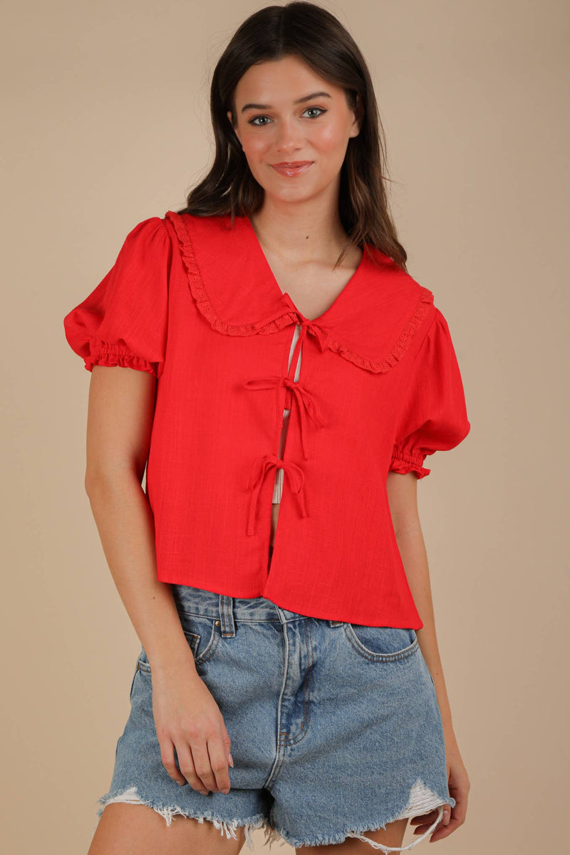 Eyelet Trim Detail Puff Sleeve Blouse: Red