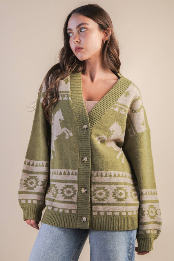 Oversized Western graphic Knit Sweater Cadigan