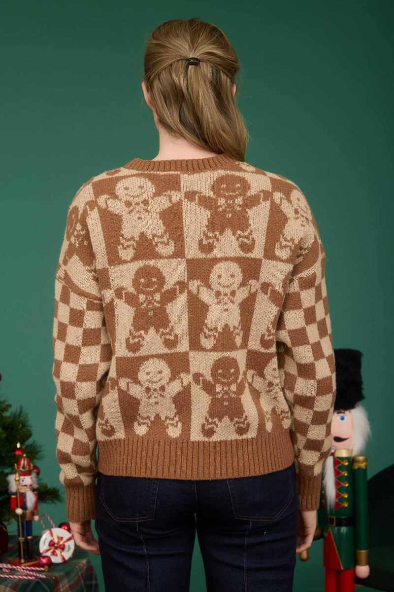 CHECKERED GINGERBREAD JACQUARD KNIT SWEATER: KHAKI MULTI