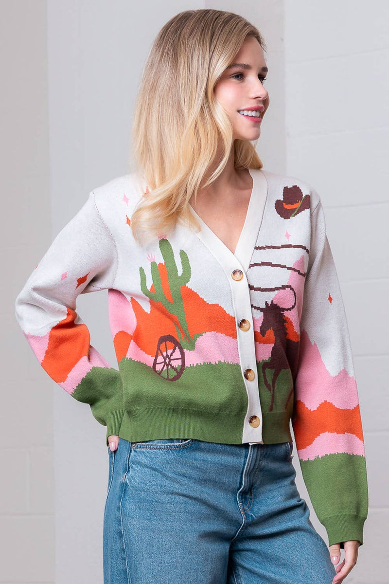 V-NECK BUTTON DOWN WESTERN SWEATER CARDIGAN