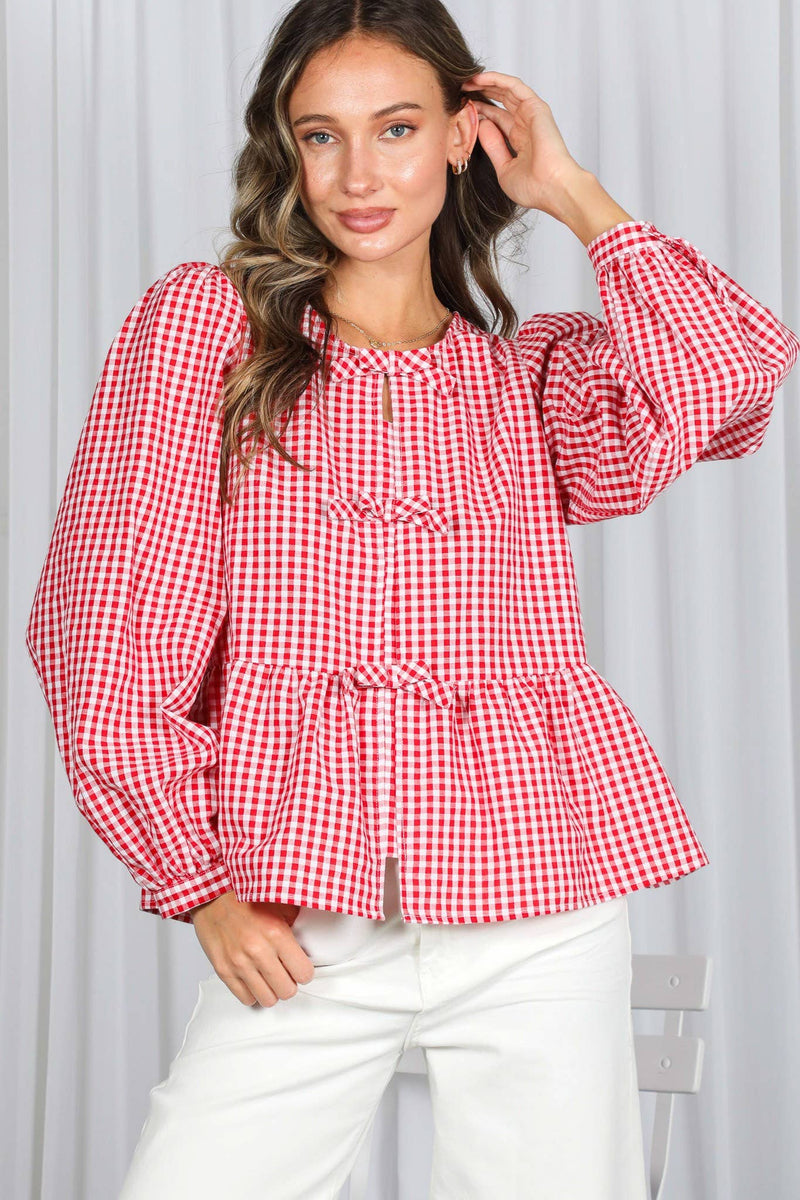 Feminine Bow Accent Charming Plaid Blouse VT83034B: Red / S