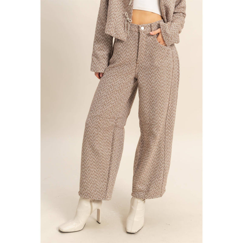 Herringbone Patterned Barrel Pants: BROWN