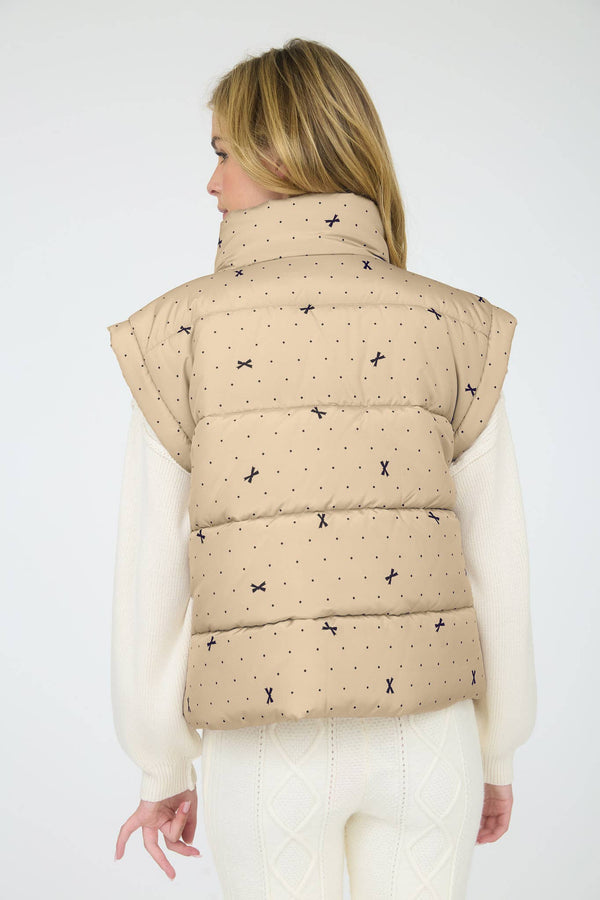 POLKA DOT BOW PATTERN ZIP-UP PUFFER VEST: LIGHT KHAKI