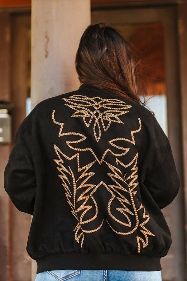 Black Suede Boot Stitching Embroidered Bomber Jacket