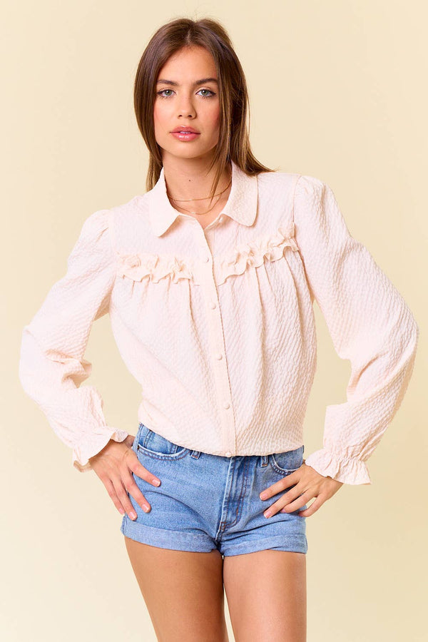Textured Woven Long Sleeve Button Down Blouse
