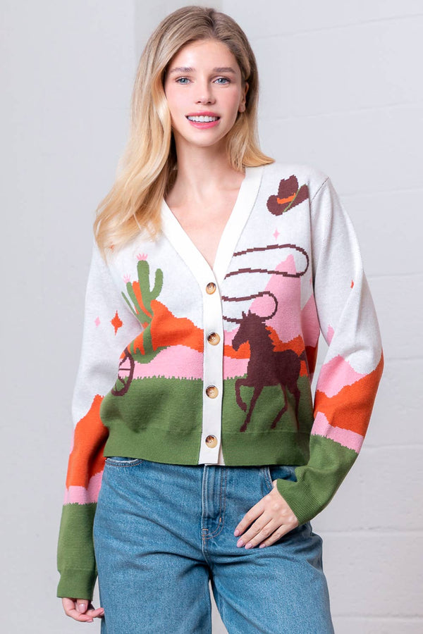 V-NECK BUTTON DOWN WESTERN SWEATER CARDIGAN