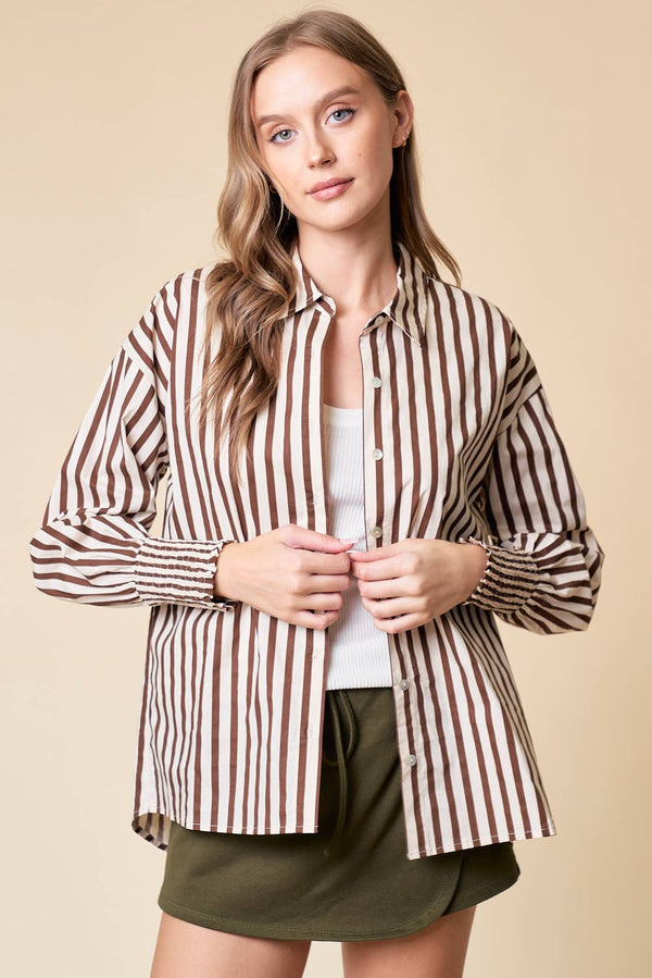 STRIPE MIXED OVER-SIZED BUTTON DOWN TOP