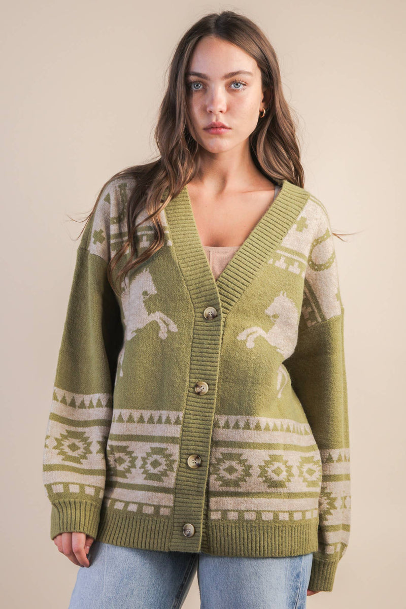 Oversized Western graphic Knit Sweater Cadigan