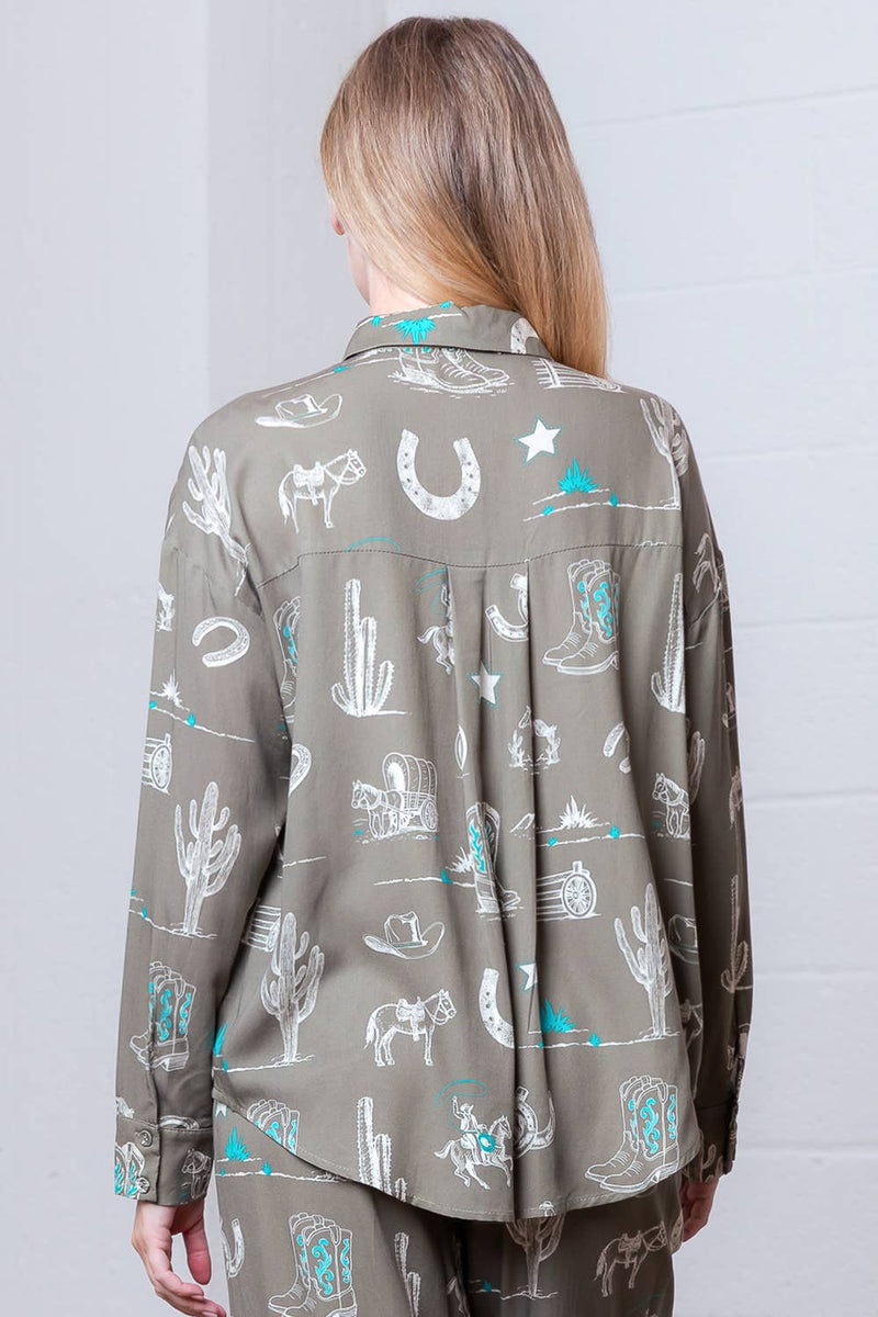 PRINTED L/S W/ COLLAR BUTTON DOWN OVERSIZED SHIRT