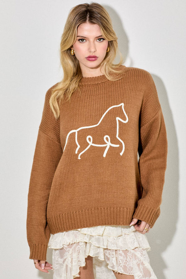 3D HORSE EMBO PULLOVER SWEATER: CAMEL