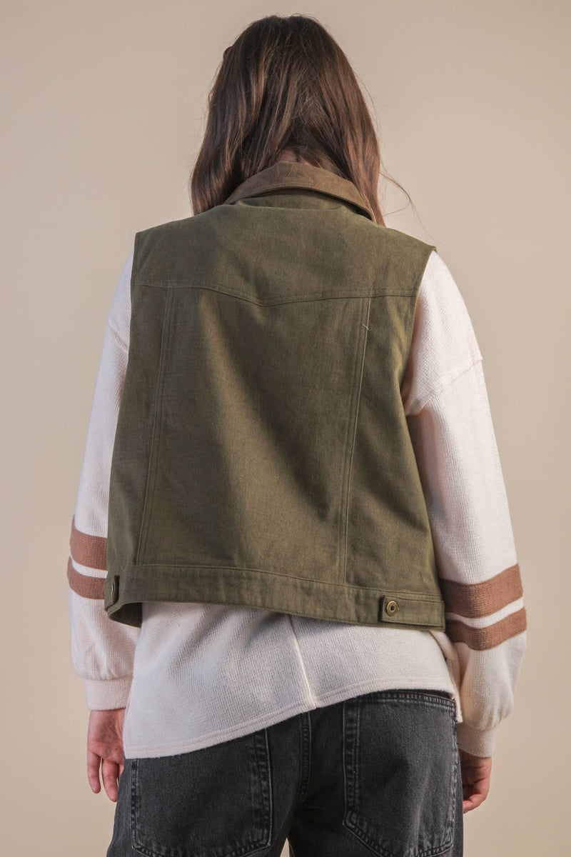 Washed Cotton Button Down Casual Vest: OLIVE
