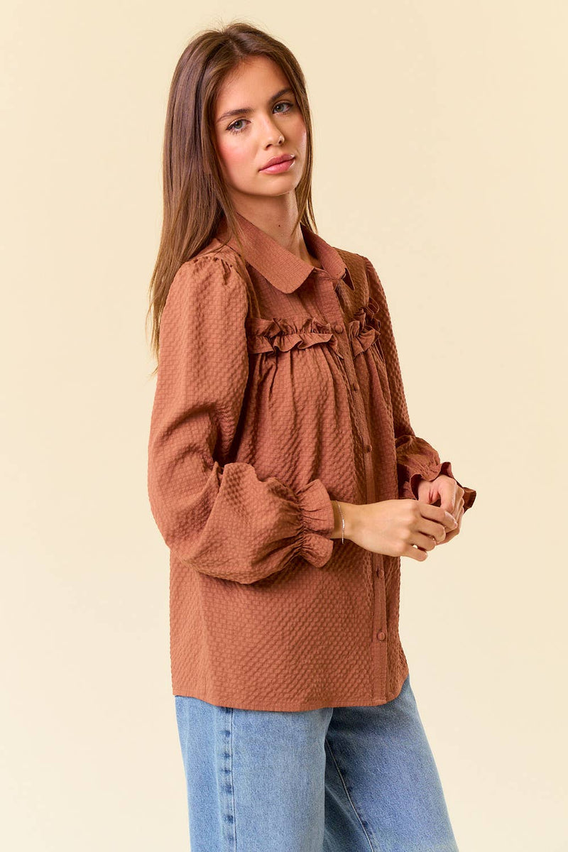 Textured Woven Long Sleeve Button Down Blouse