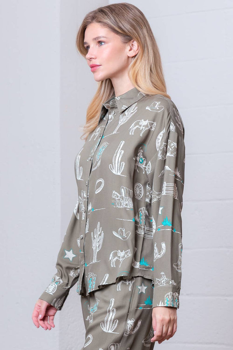 PRINTED L/S W/ COLLAR BUTTON DOWN OVERSIZED SHIRT