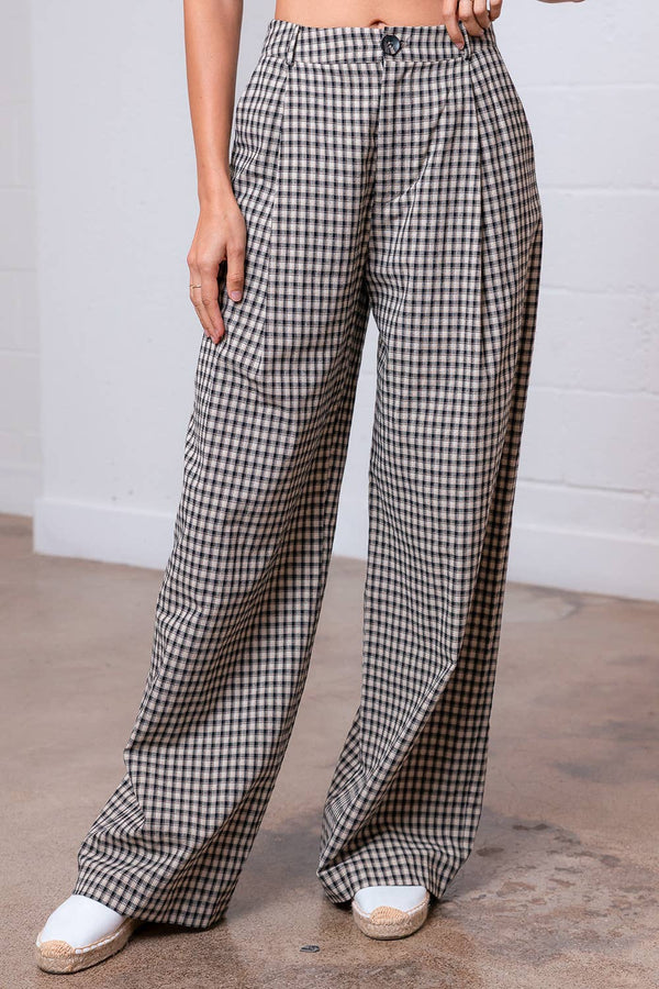 PLEATED STRAIGHT GINGHAM PANTS: