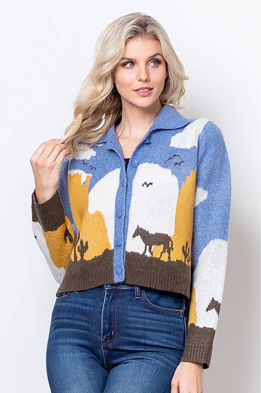 HWJ65040T-Cozy sweater knit horse cardigan: CHAMBRAY / Contemporary / S