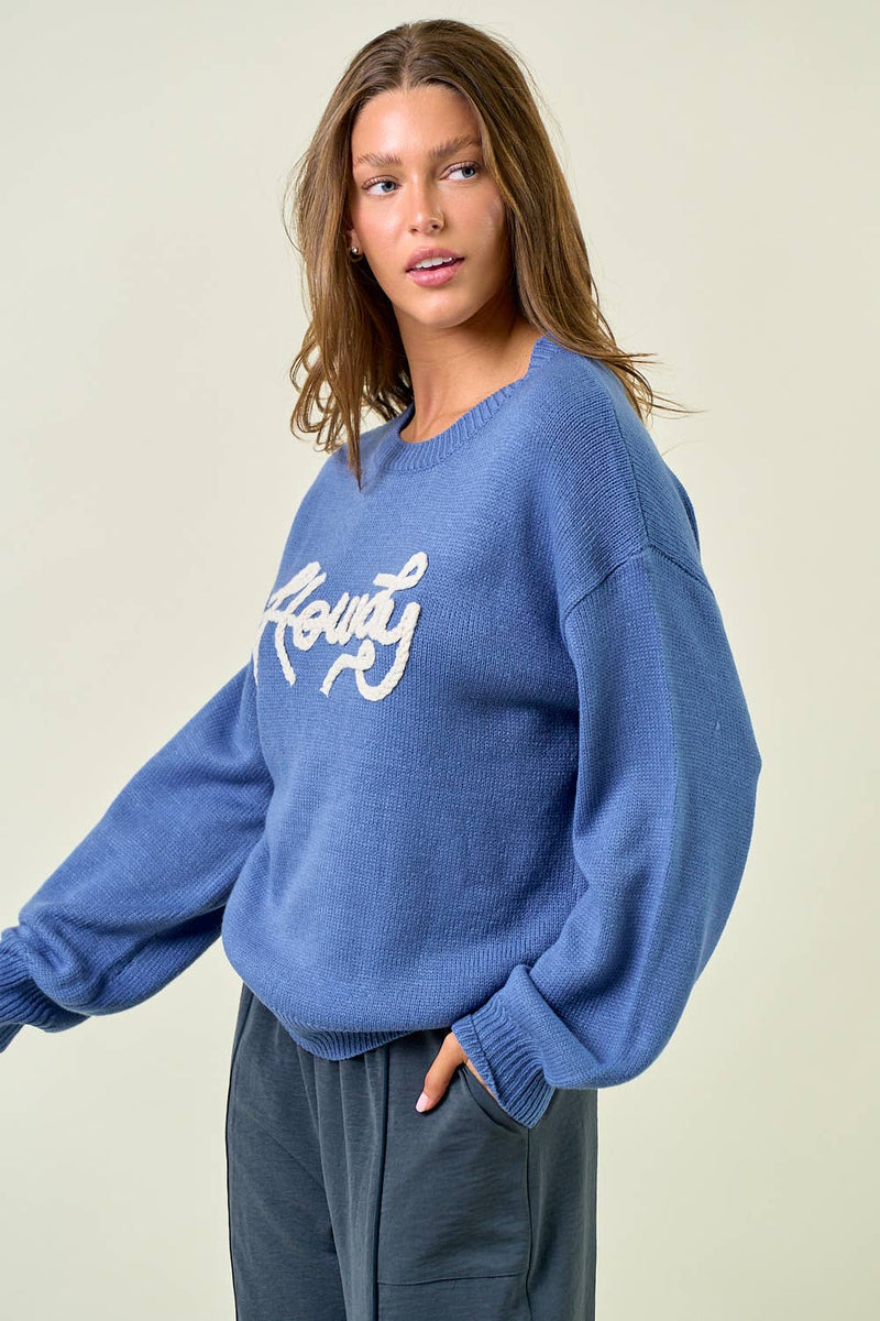 HOWDY' EMBROIDERED ROUND NECK OVERSIZED SWEATER