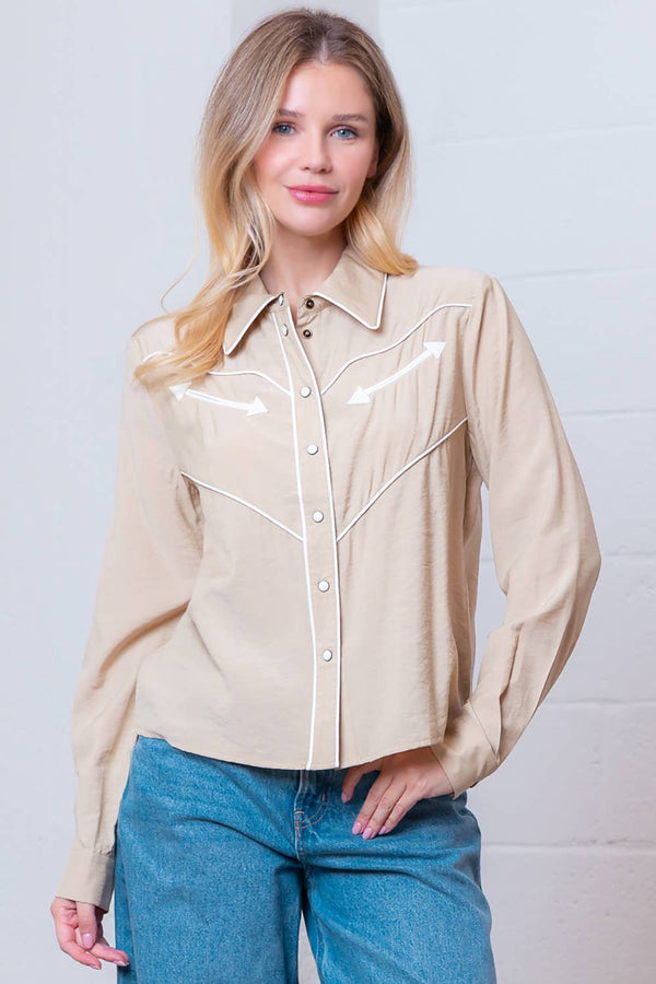 LONG SLEEVE COLLARED BUTTON DOWN TOP: TAUPE