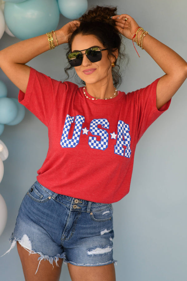 Blue & White Checkered USA heather red Tee