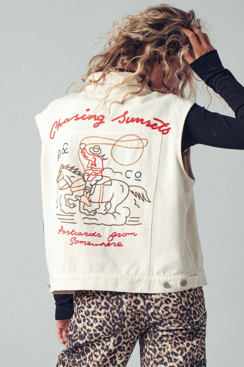 Western Sunset Embroidered Denim Vest