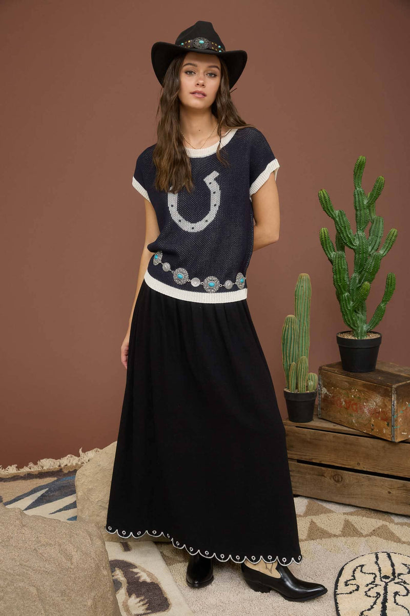 NAVY HORSESHOE SHORT SLEEVE KNIT SWEATER