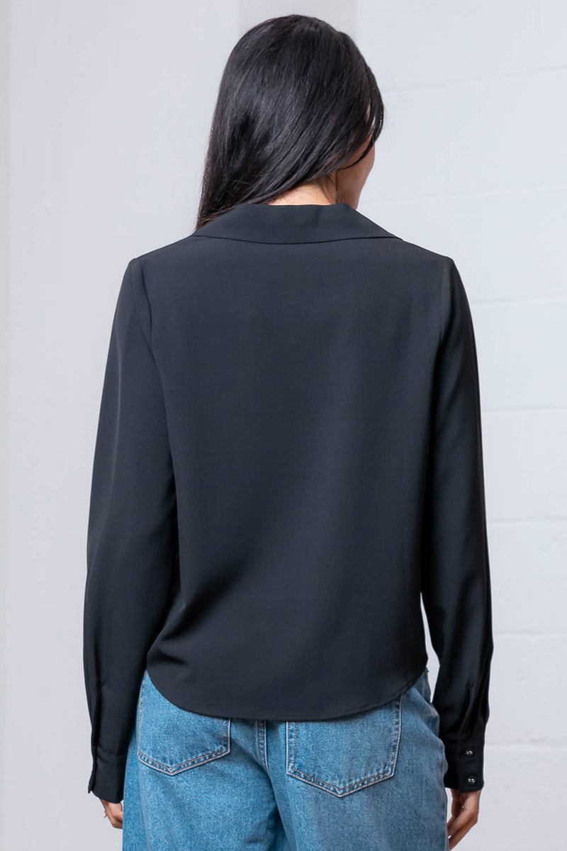 LONG SLEEVE BUTTON DOWN V-NECK SOLID SHIRT