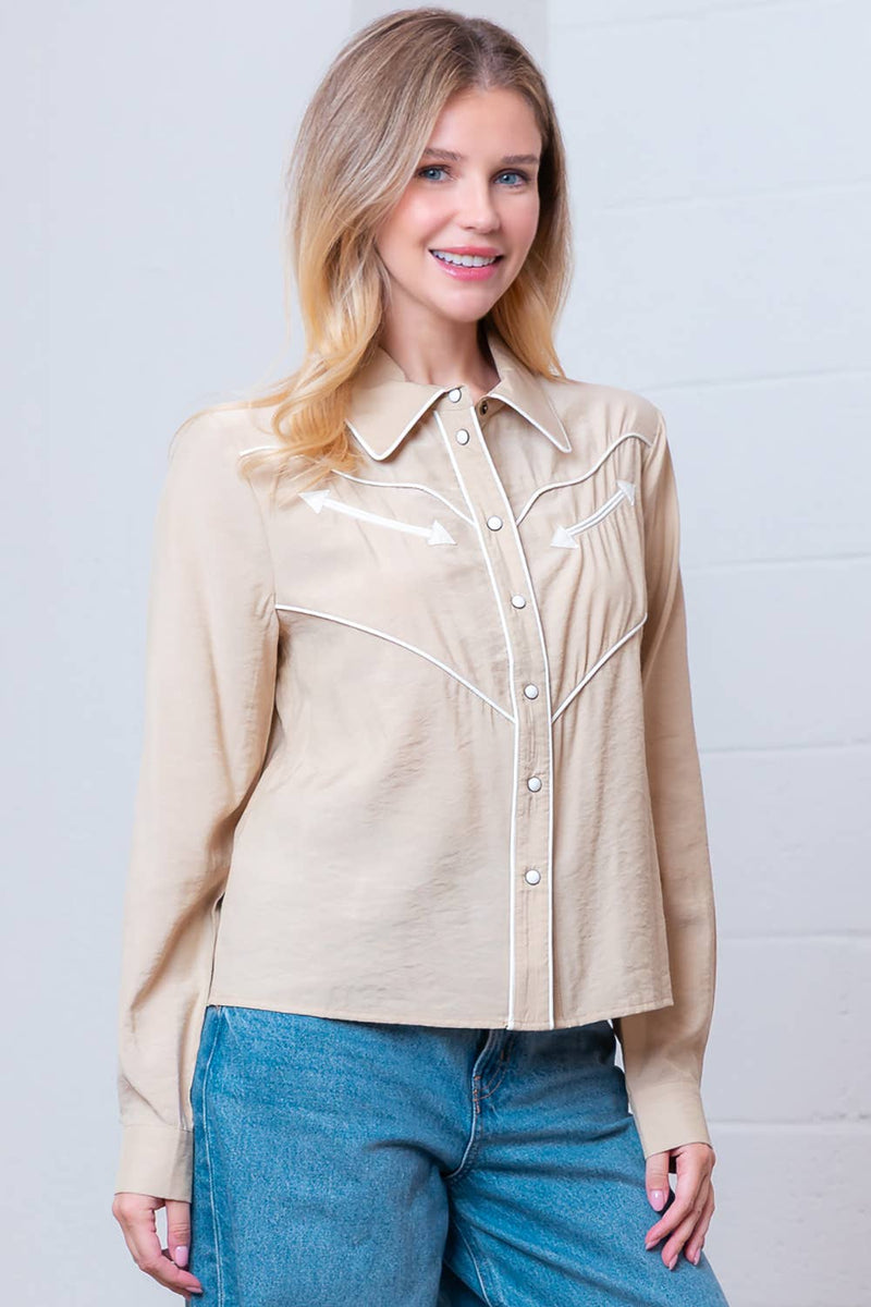 LONG SLEEVE COLLARED BUTTON DOWN TOP: TAUPE