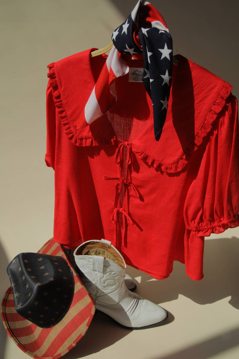 Eyelet Trim Detail Puff Sleeve Blouse: Red