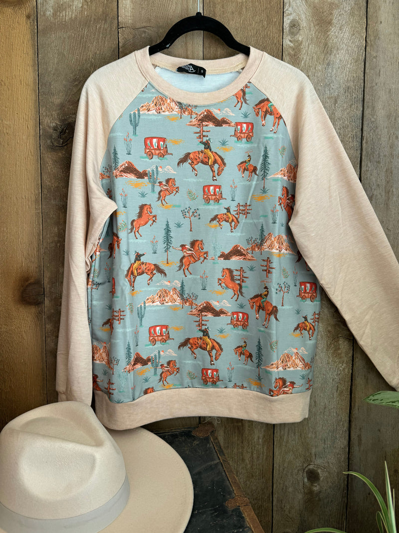 Retro Western Wagon print french terry sweatshirt