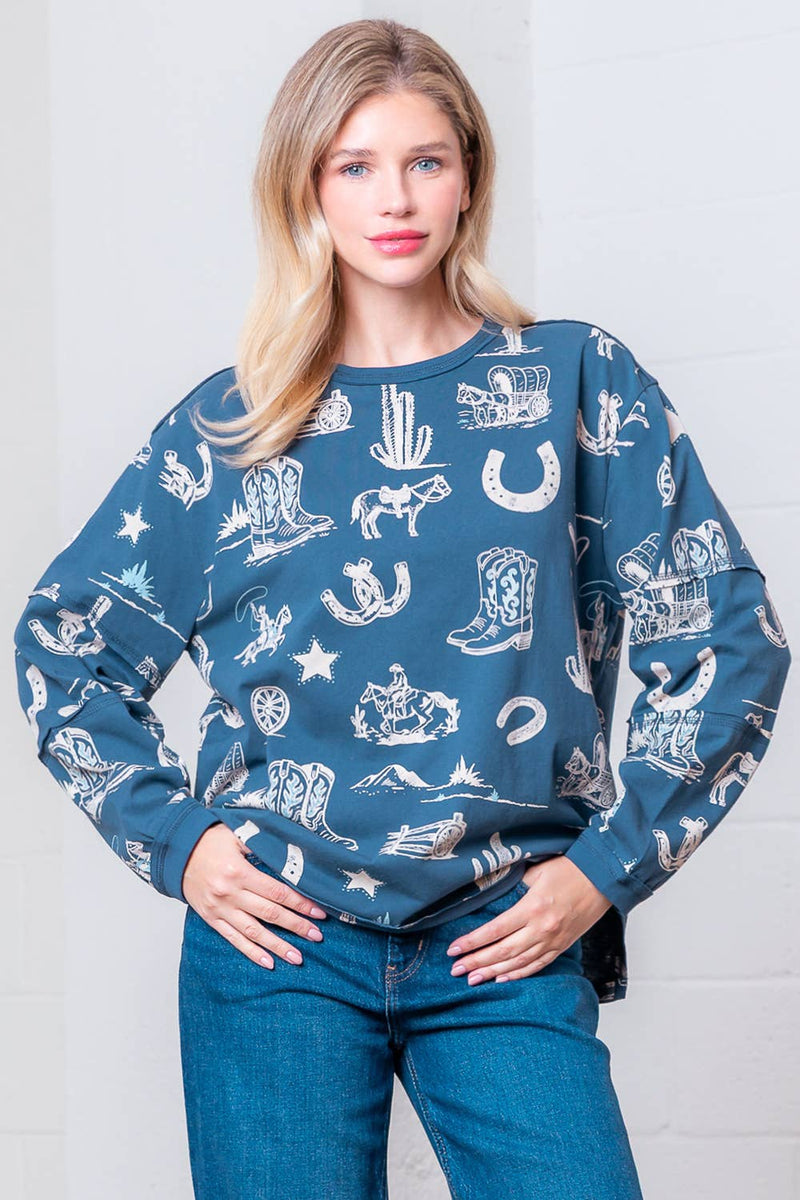 WESTERN PRINTED ROUND NECK LONG SLEEVE TOP: Navy