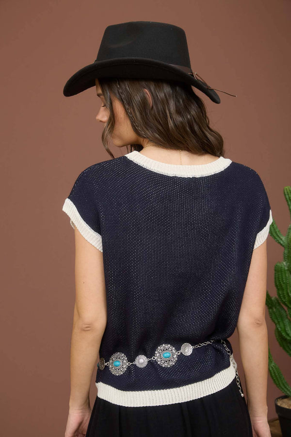 NAVY HORSESHOE SHORT SLEEVE KNIT SWEATER