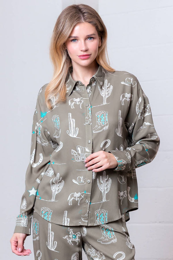 PRINTED L/S W/ COLLAR BUTTON DOWN OVERSIZED SHIRT