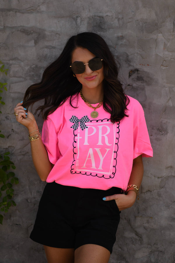Pray Bow Tee: Neon Pink