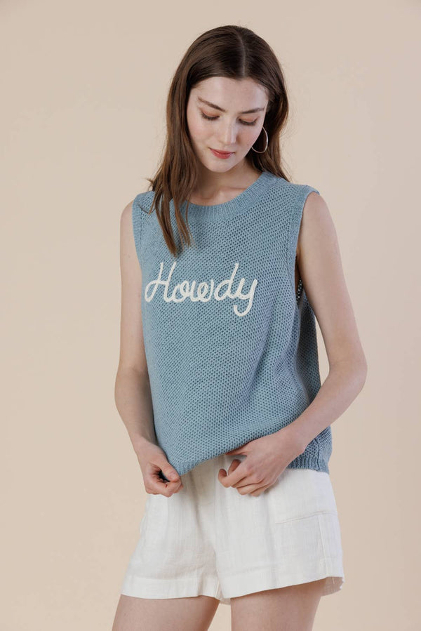 Howdy Embroidery Sweater Tank – Western Sleeveless Vest: LT. BLUE