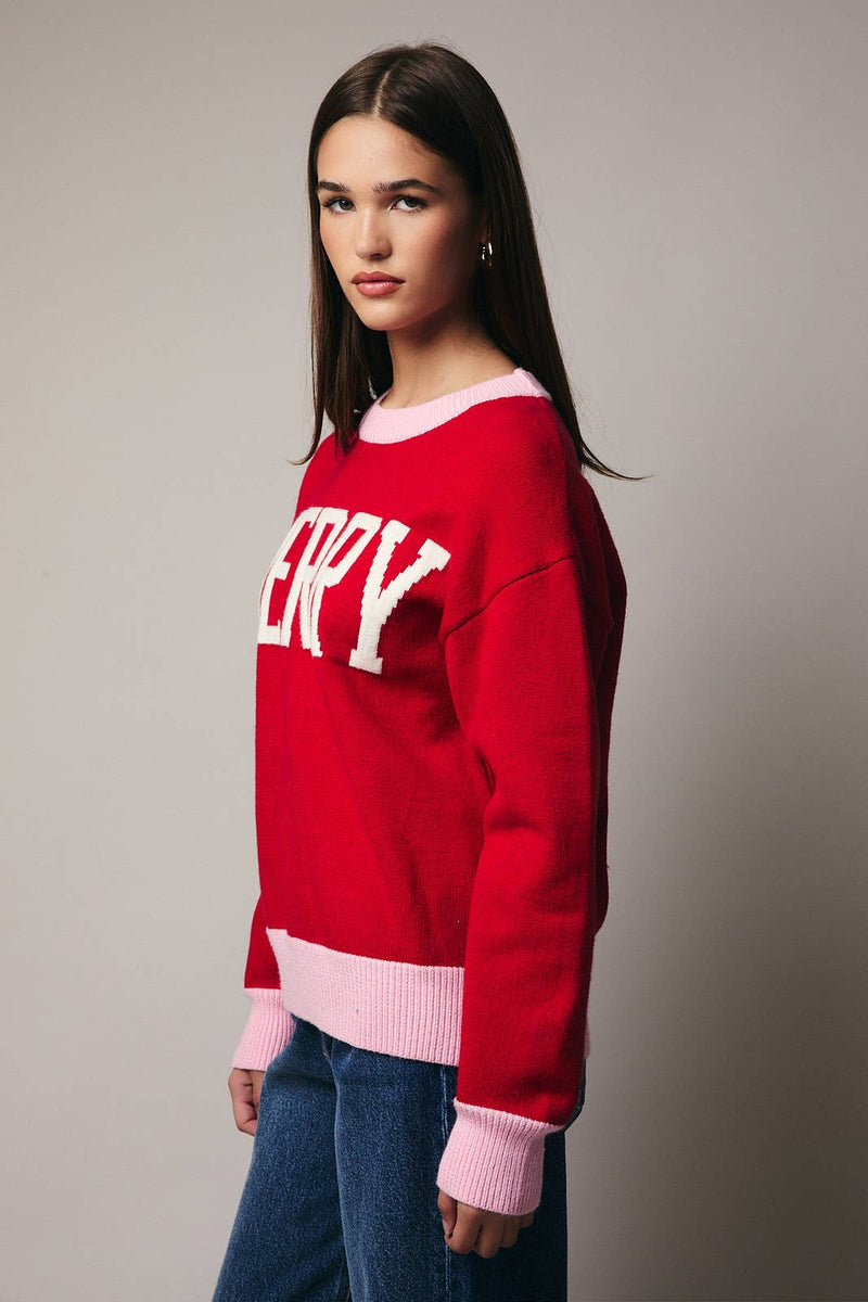 CREW NECK LONG SLEEVE "MERRY" SWEATER RED