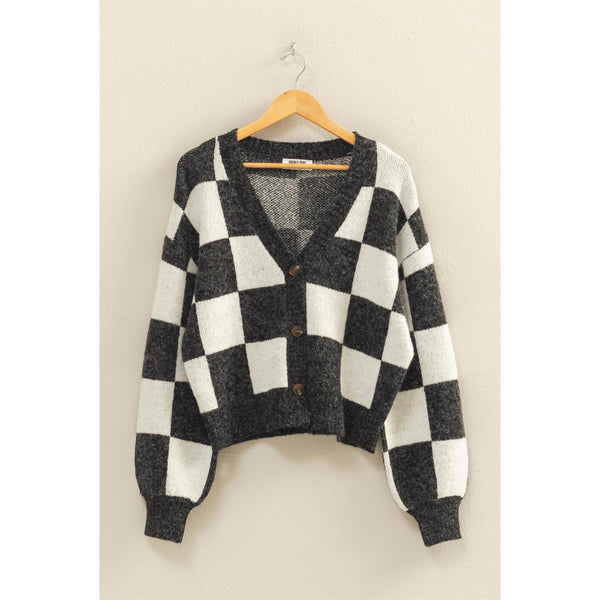 Checkered Button Front Cardigan Sweater
