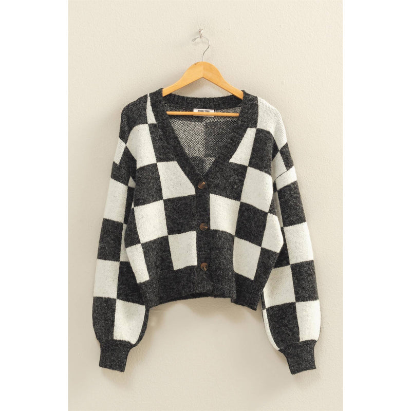 Checkered Button Front Cardigan Sweater