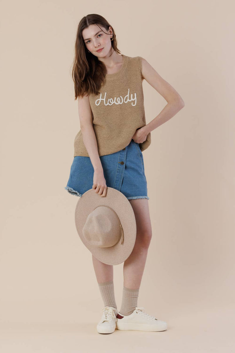 Howdy Embroidery Sweater Tank – Western Sleeveless Vest: SAND