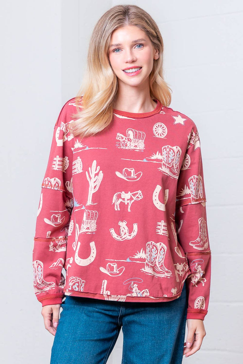 WESTERN PRINTED ROUND NECK LONG SLEEVE TOP