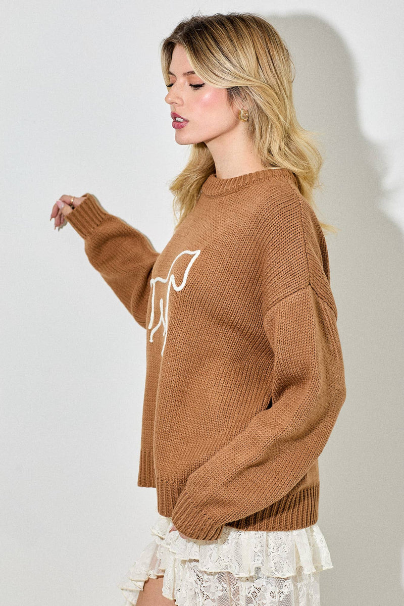 3D HORSE EMBO PULLOVER SWEATER: CAMEL