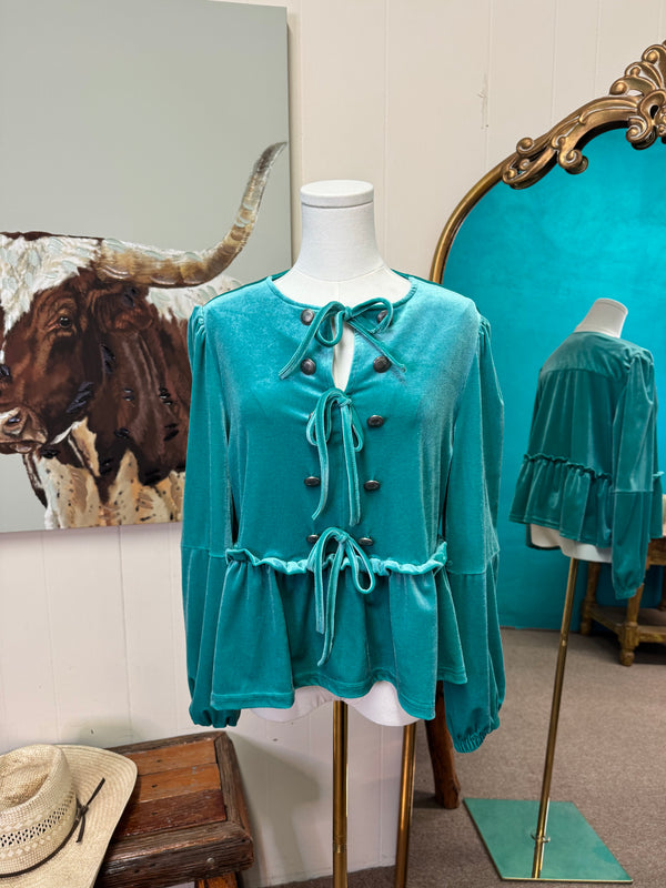 Turquoise velvet long sleeve peplum top, bow ties & conchos