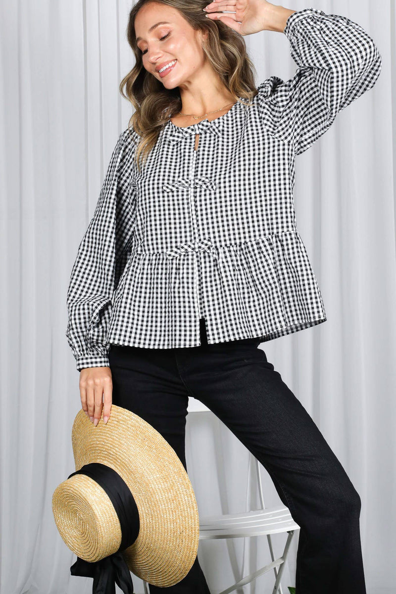 Feminine Bow Accent Charming Plaid Blouse VT83034B: Red / S