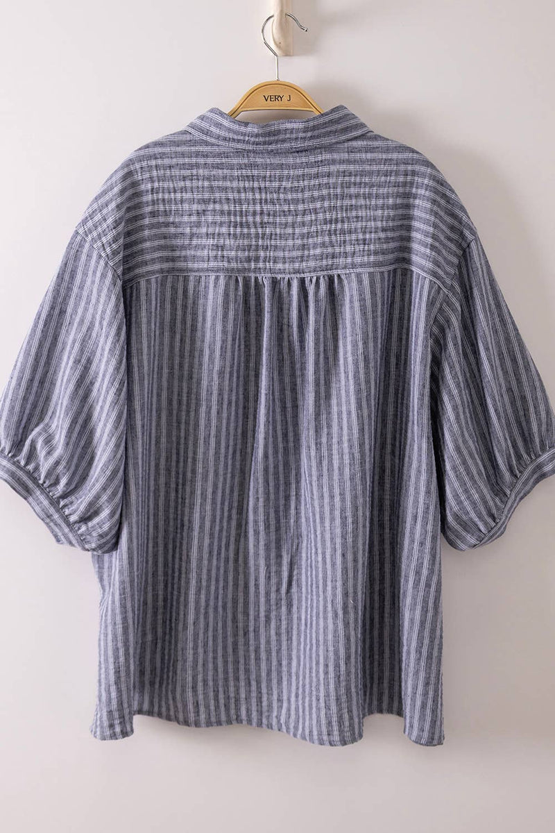 トップス Puffshoulder Compact Shirts NT12505-Stripe Half Puff Sleeve Shirt Top: BLUE / S-M-L/2-2-2