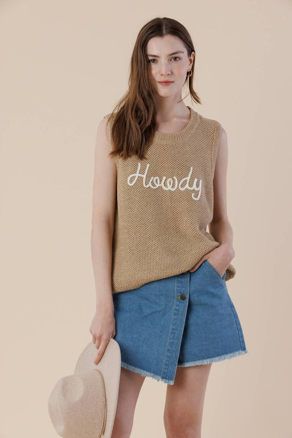 Howdy Embroidery Sweater Tank – Western Sleeveless Vest: SAND