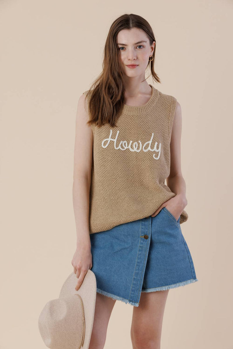 Howdy Embroidery Sweater Tank – Western Sleeveless Vest: SAND