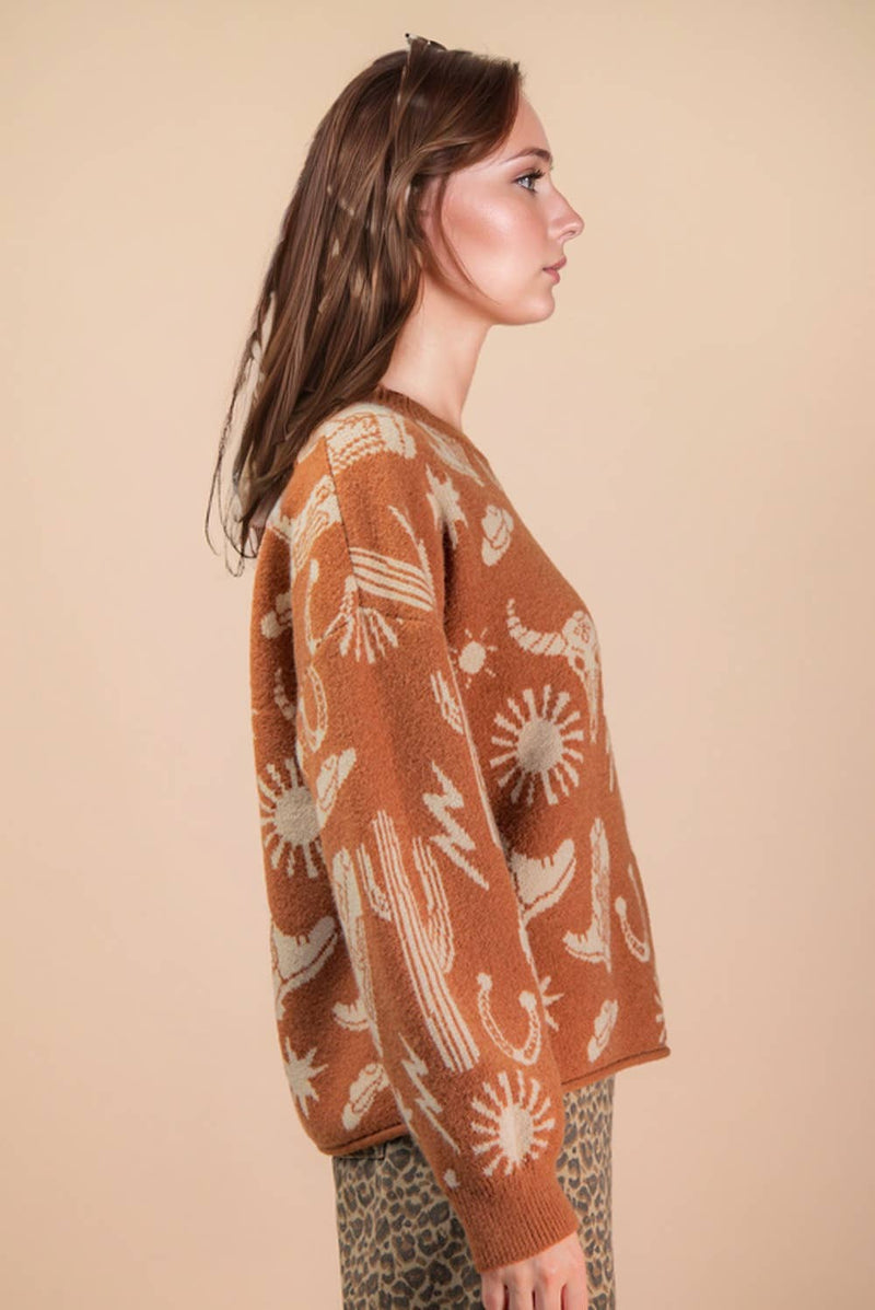 Western Graphic Oversized Knit Sweater Top: CAMEL